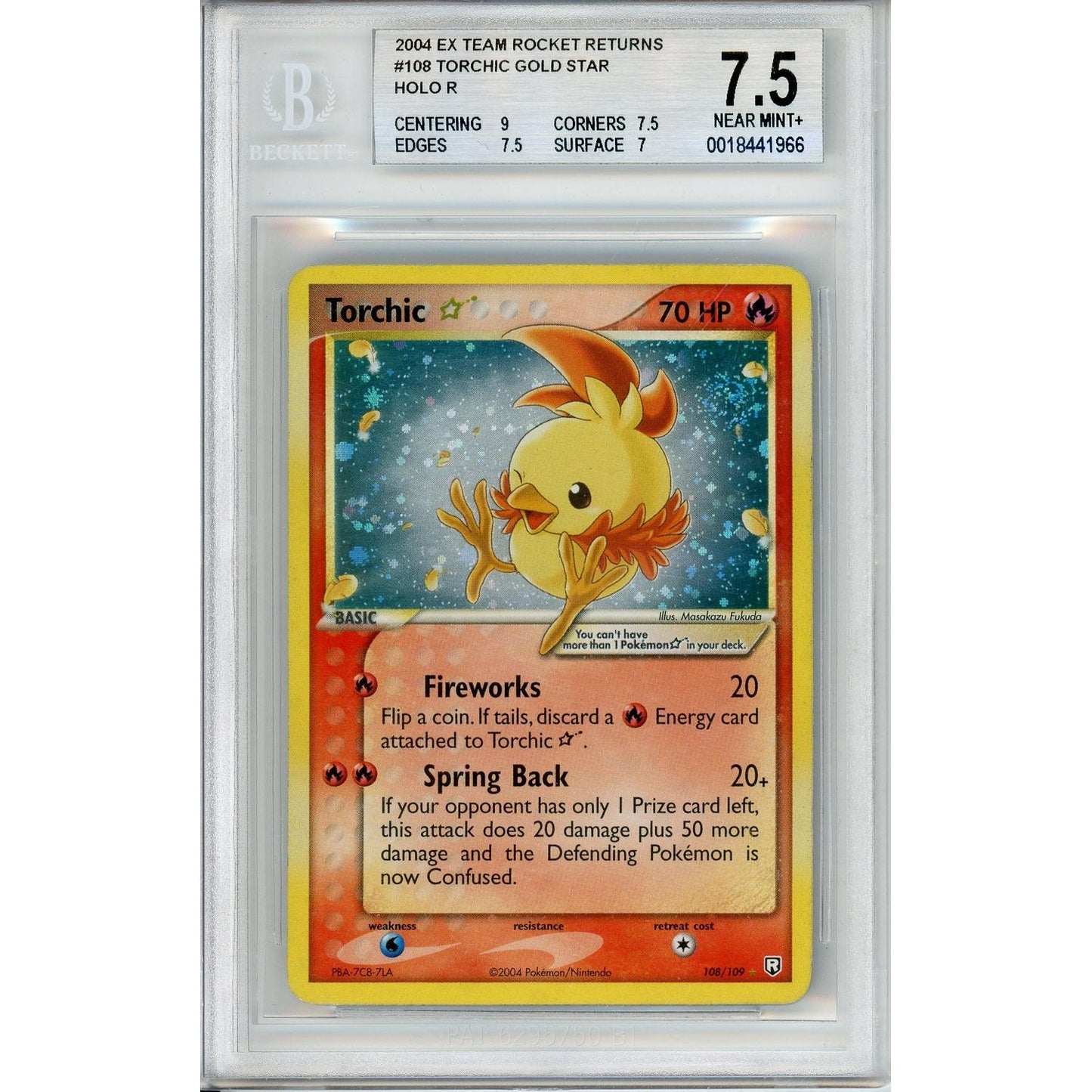 Pokemon Graded: Torchic Gold Star 108/109 EX Team Rocket Returns (2004) Holo Beckett 7.5