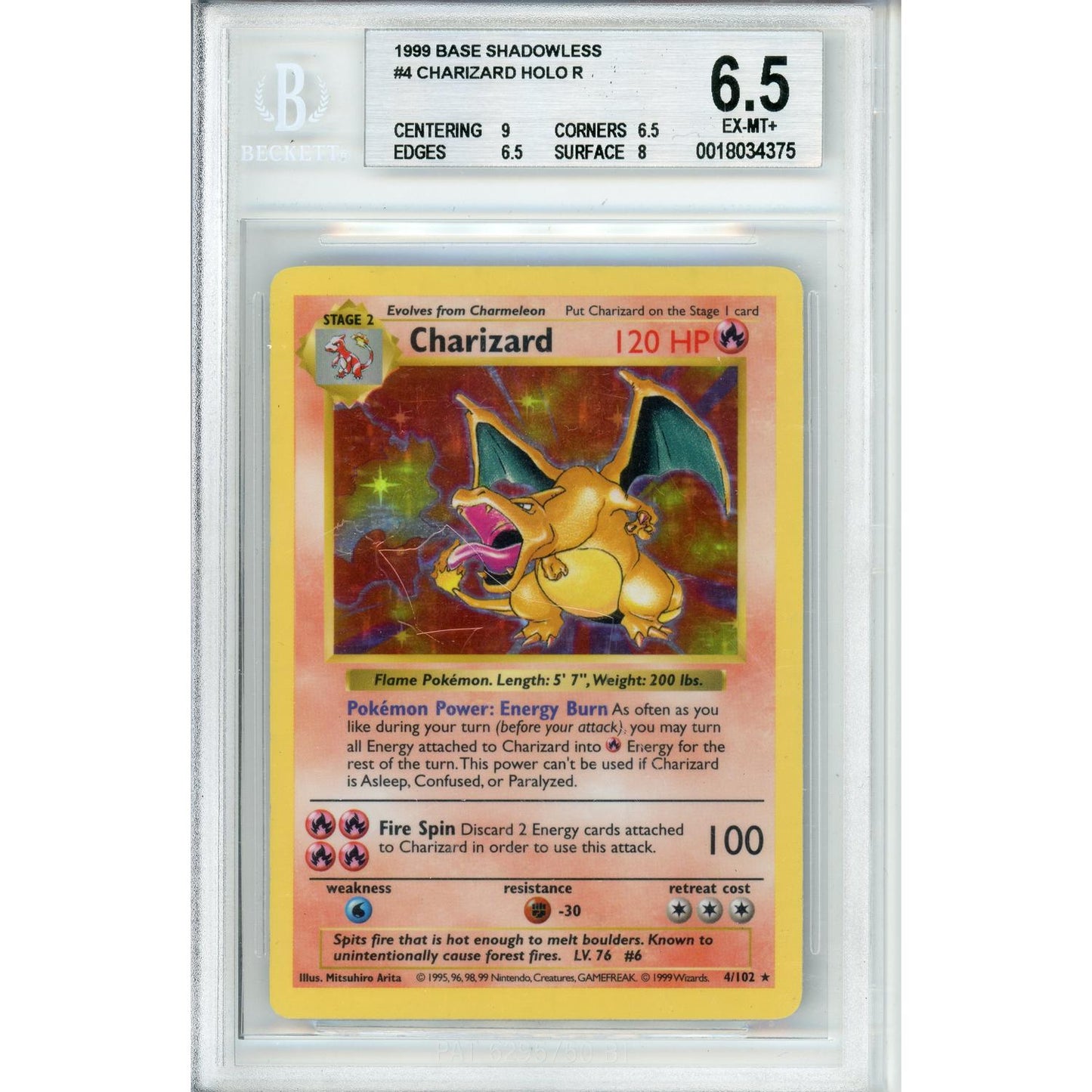 Pokemon Graded: Charizard 4/102 Base Set Shadowless (1999) Holo Beckett 6.5
